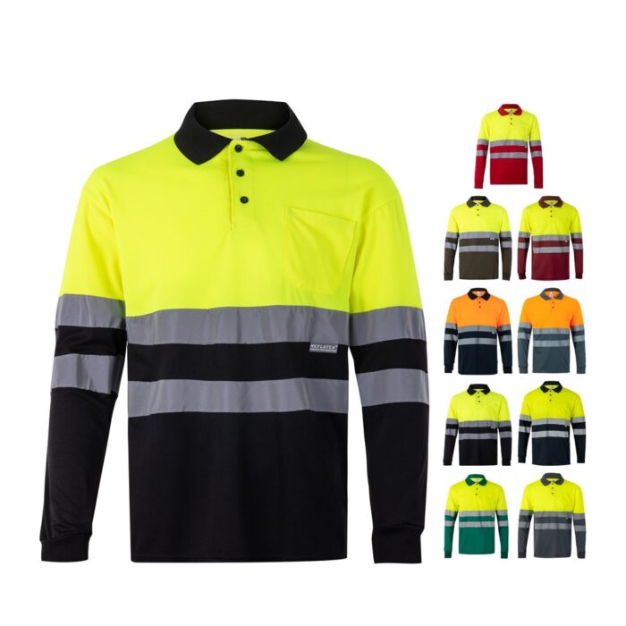 VL VULCAN LARGE. Zweifarbiges Poloshirt im Bird-Eye-Design (160g/m²) mit langen Ärmeln, aus Polyester (100%)-36069